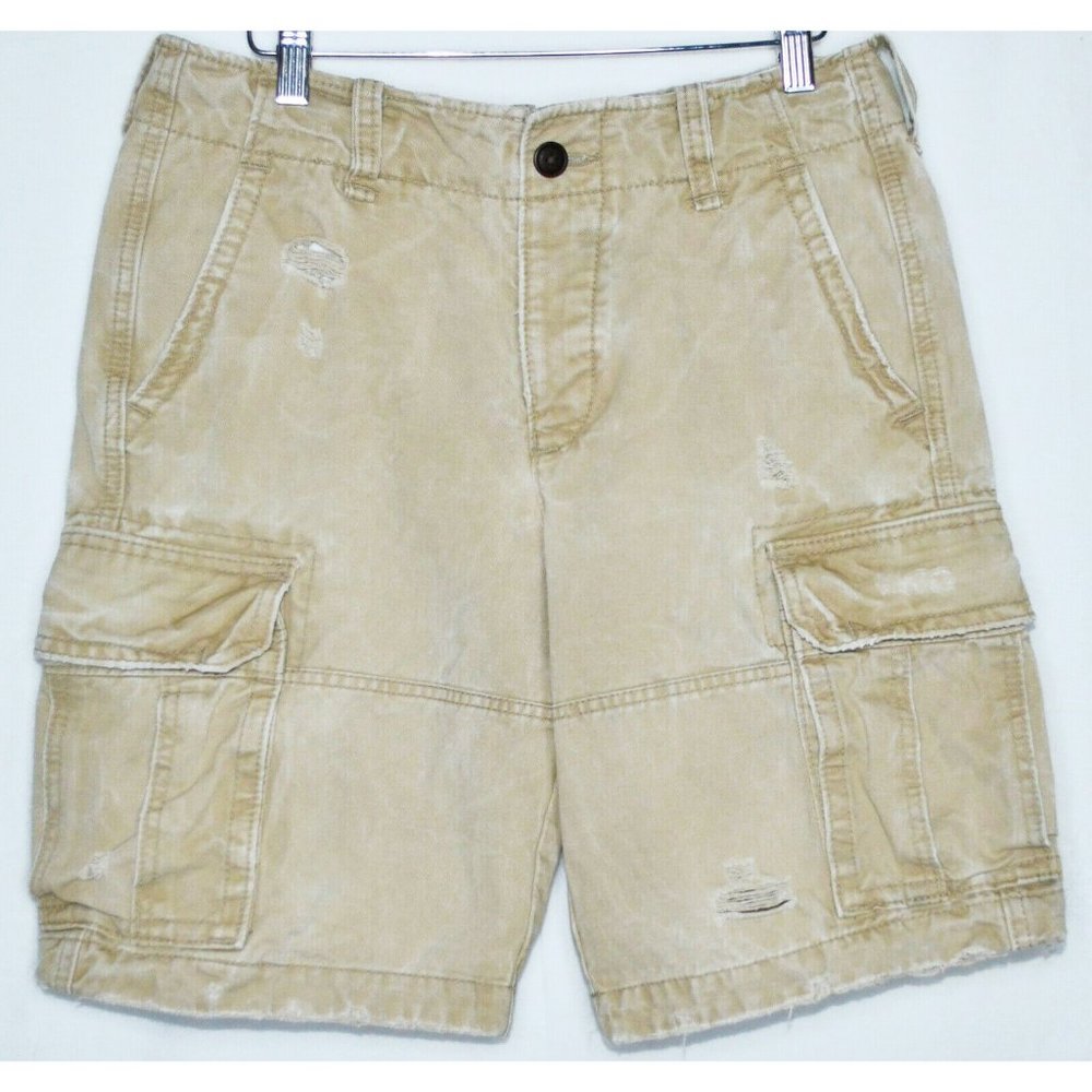 Abercrombie & Fitch Distressed Button Fly Heavy Duty Cargo Shorts Khaki Tan 31